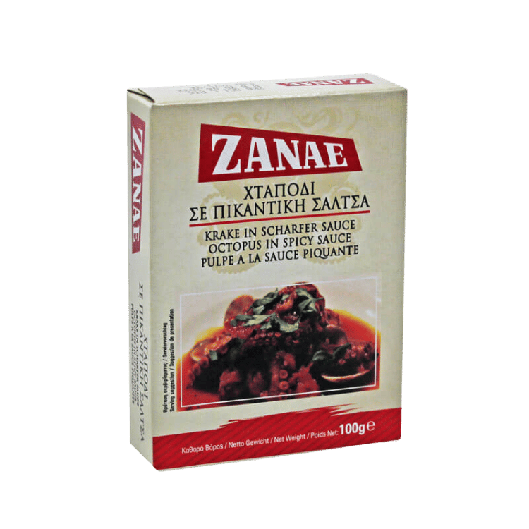 Oktopus (Krake) in Scharfer Sauce (100g) Zanae von Zanae bei Araxxon  - Hochwertiges griechisches Produkt.   Oktopus (Krake) in Scharfer Sauce (100g) Zanae από Zanae στο Araxxon  - Αυθεντικό ελληνικό προϊόν.